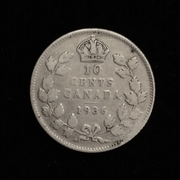 Silver 1936 "Bar Variety" Canadian Silver Dime, Ten Cents, Sterling Silver. Grade: Very Good (24B18N08a)