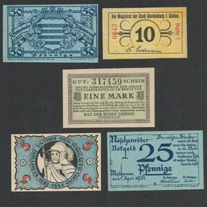 Set of 5 German Notgeld Banknotes – Mint/Near Mint – 5, 10, 25, 50 Pfennig + 1 Mark – Colourful Post WWI-Era Emergency Currency