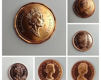 Faces of Queen Elizabeth II on Canadian Pennies. Six Uncirculated Pennies Representing all the Queen's Image Through the Years (22I10N20a)