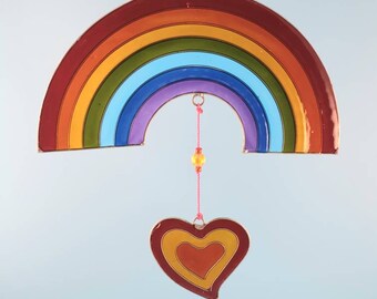 Rainbow and love heart colourful sun catcher stained glass effect unique garden home gift