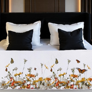 Caminho de cama acolchoado com estampa de flores silvestres e borboletas, decoração para casa, quarto de hóspedes, decoração de quarto - tamanhos king, queen, casal e solteiro