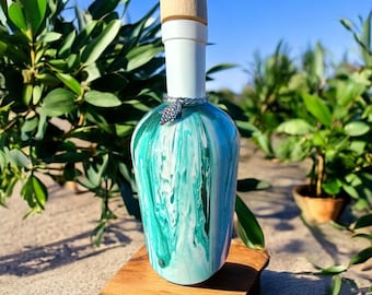 Bottiglia per olio d'oliva, acetiera, decorazione per la casa, design personalizzato, regalo, porta olio in vetro verde, contenitore da cucina unico, regalo artistico per la mamma