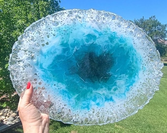 Woondecoratie oceaan hars kunst schotel grote charcuterie bord strandhuis blauw decor uniek huwelijkscadeau handgemaakte grote serveerplank middelpunt