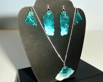 Jewelry Set Dangle Earrings Custom Necklace Set Ocean Wave Theme, Handmade Resin Beach Jewelry, Teal Blue Coastal Handmade Gift for Her