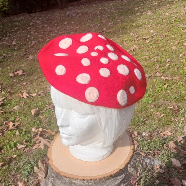 Red Mushroom Beret - hand felted mushroom beret, made to order, custom, needle felted beret, cottagecore, goblincore, mori kei, cute, kawaii