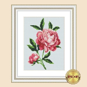 Peonies cross stitch pattern Small flower cross stitch for beginners DIY Easy counted cross stitch pattern PDF Hand embroidery xstitch