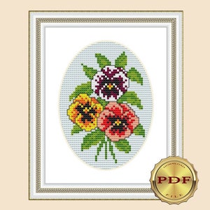 Pansies cross stitch pattern Small floral cross stitch for beginners DIY Easy counted cross stitch pattern PDF Hand embroidery xstitch