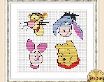 Cartoon cross stitch pattern PDF Pooh Piglet Tiger Eyeore Small beginner cross stitch pattern Hand embroidery pattern Modern nursery decor