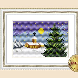 May include: A cross-stitch pattern featuring a snowy winter scene with a church, a pine tree, and a bright yellow moon in a purple sky. The pattern is available as a downloadable PDF file.