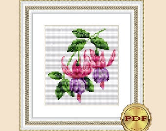 Fuchsia Small floral cross stitch pattern PDF Counted cross stitch patterns flowers DIY Hand embroidery pattern