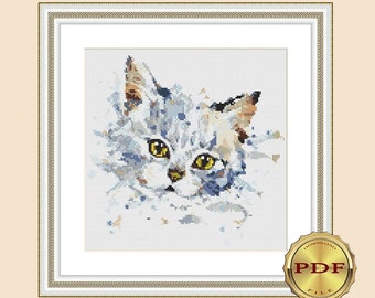 Grey cat Watercolor cross stitch pattern Small cross stitch for beginners DIY Easy counted cross stitch pattern PDF Hand embroidery xstitch