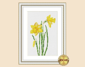 Small floral cross stitch pattern PDF Daffodil Modern cross stitch pattern flower Beginner cross stitch pattern Hand embroidery pattern