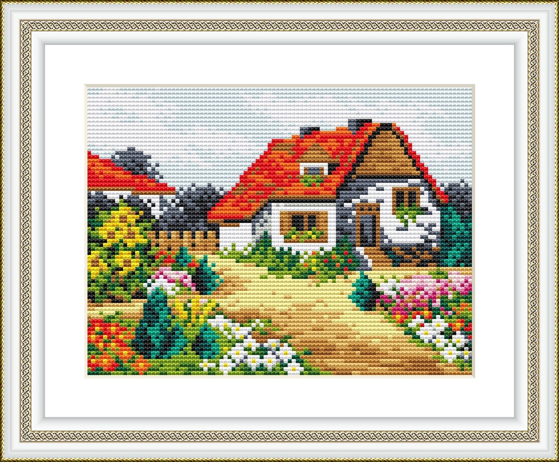 Village landscape cross stitch pattern Cottage cross stitch Etsy Nederland