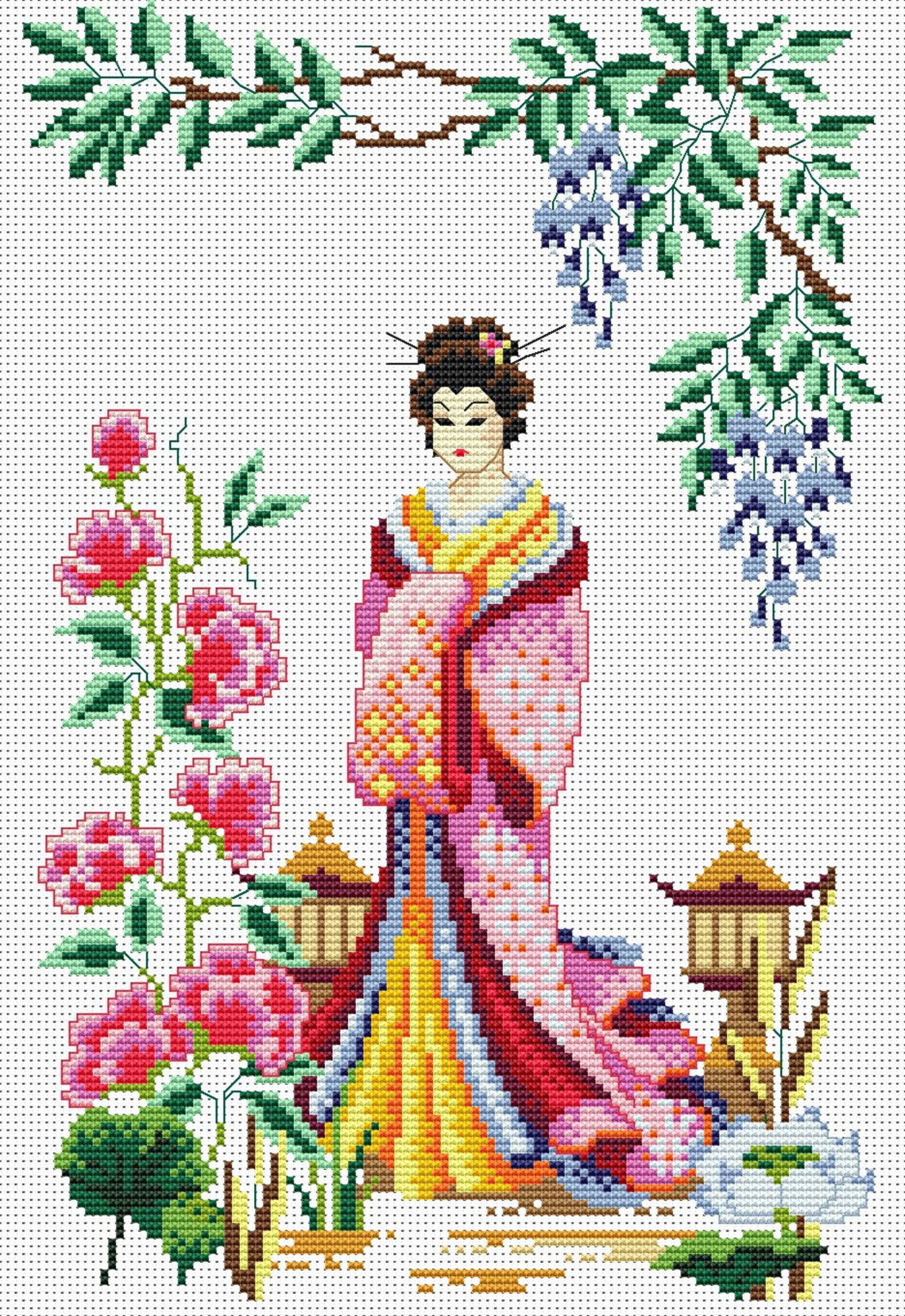 Geisha Modern Cross Stitch Floral Cross Stitch Pattern PDF Etsy