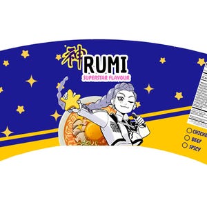 Op de afbeelding: RUMI Superstar Flavor instant ramen verpakking. Het ontwerp toont een cartoon illustratie van een vrouw die een ster vasthoudt, met een kom ramen. De achtergrond is blauw met gele sterren en strepen. Voedingsfeiten worden vermeld.
