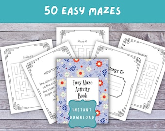 50 Easy Mazes-activiteitenboek, afdrukbaar voor kinderen (digitale pdf-download)