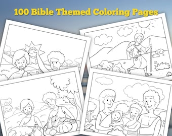 Puede incluir: Cuatro páginas para colorear en blanco y negro con historias bíblicas. La primera página muestra a dos personas, una con la mano levantada en el aire. La segunda página muestra a una persona caminando con un bastón. La tercera página muestra a dos personas con una cesta de fruta. La cuarta página muestra a una familia de tres.