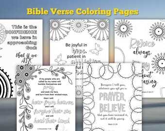 May include: Black and white coloring pages featuring Bible verses. The pages include floral designs, a butterfly, and a chain link pattern. The verses include "This is the confidence we have in approaching God: that if we ask...", "Be joyful in hope, patient in tribulation...", "Rejoice always, pray without ceasing...", and "Therefore I tell you, whatever you ask for in prayer, believe that you have received it, and it will be yours."