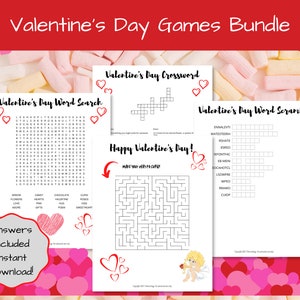 Valentine&#39;s Day Games Bundle, Printable Valentines Games, Kids Valentines Activity Pack, Digital PDF Download