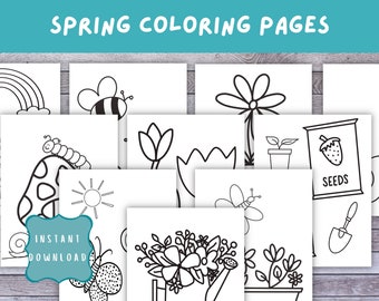 Spring Coloring Pages, 10 Printable Designs (Digital PDF Download)