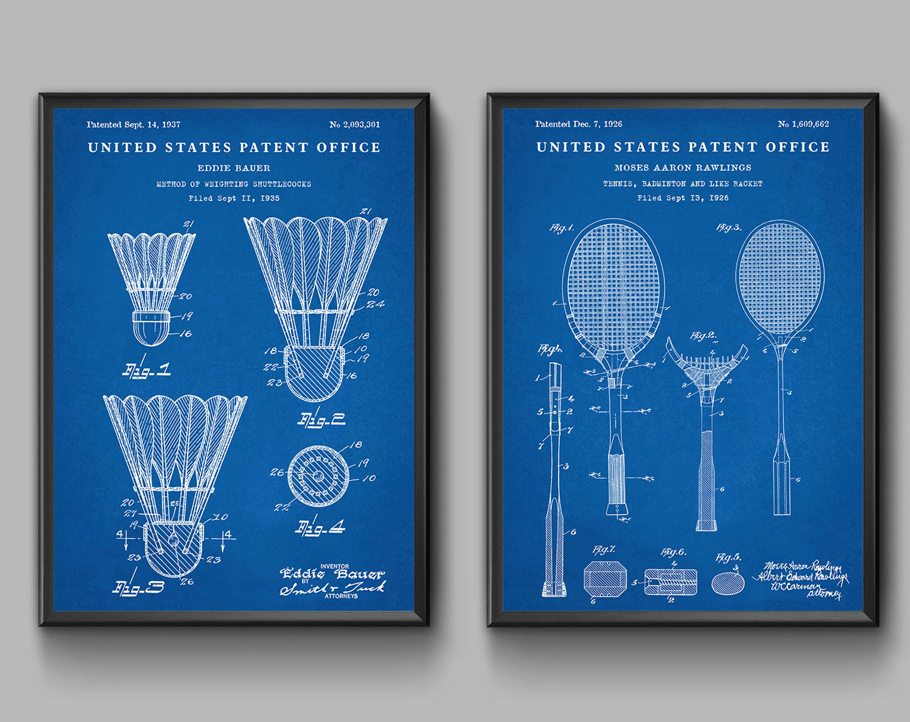 Vintage Badminton Wall Art Prints, Set of 2 Patent Posters Lawn Game Decor with Shuttlecock Racket, Sports Gift F008