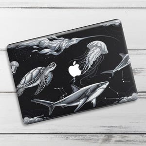 Cosmic Marine Life Macbook Case: Shark, Turtle, Jellyfish