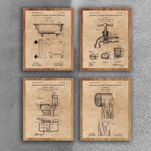 Set di 4 poster di Toilet Inventions Blueprint, decorazione da parete per bagno vintage, cartello WC, lavabo, brevetto per bagno Art. P028