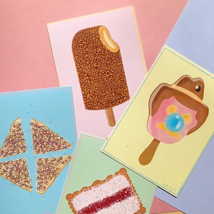Set of Four Postcards: Australian Desserts Snacks, Iced Vovo, Golden Gaytime, Fairy Bread, Bubble O Bill, Art Prints, Stationary, Gift Ideas