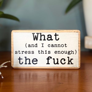 What (and I cannot stress this enough) the f*ck  - office desk wood sign - wooden shelf sitter - cubicle quotes-gifts with quotes-small sign