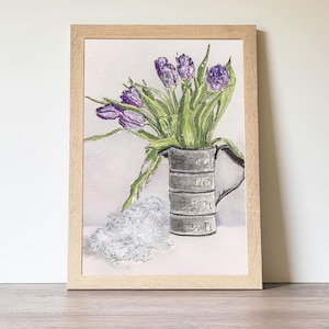Dipinto di fiori in vaso, stampa di tulipani viola, arte floreale, acquerello, decorazione murale, bouquet floreale, "Tulipani invernali" di Sredna Kunowski, 13x19