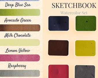 Zomerwaterverfset – 6 handgemaakte verven | Palet voor reiskunst, Plein Air-schetsen, kunstenaarscadeau, natuurkleuren | Kleine batch | Volledige pannenset