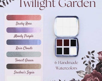 Twilight Garden – Set of 6 Handmade Watercolors – Includes Palette, Swatch Card & Magnetic Half Pans | Artist-Grade Paint | Sredna Art
