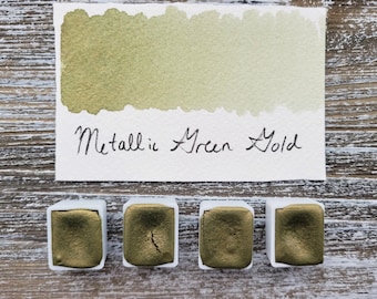 Metallic Green Gold, Handmade Watercolor Paints made by Artist,Half Pan Full Pan,For Painting,Calligraphy,Lettering,Watercolor Supplies