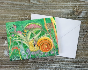 Dr.Dolittle Animal Doctor Fantasy Art,Fairytale Greeting Card,Whimsical Art Card,Snail,Monkey,Venus Flytrap,"Dr.Dolittle" by Sredna Kunowski
