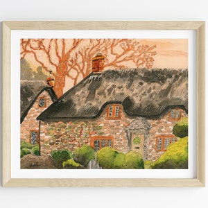 Original Cottage Art, Cottage Artwork, Brick House Art Decor, Cottage Art, Country Landscape, English Thatch Cottage, Farmhouse Decor