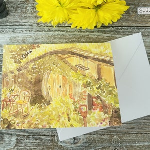 Carte de voeux aquarelle chalet, cartes de correspondance chalet, intérieur vierge format A2, carte paysage campagnard, maisons sous la colline, maisons dans la nature