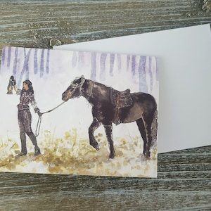 Carte de voeux Femme avec cheval, carte de voeux paysage, carte de voeux art fantastique sombre, à la recherche du loup blanc par Sredna Kunowski