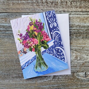 Flores em vaso pintura, flores selvagens cartão, flores pintura, cartão em branco dentro, buquê floral, arte floral, pintura floral, arte caprichosa