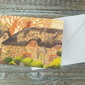 Carte de voeux cottage anglais, carte de voeux paysage, carte de voeux art campagne, peinture de paysage, décoration de ferme, peinture de jardin