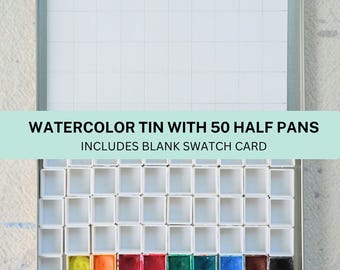 Medium Empty Watercolor Tin WITH 50 Magnetized Plastic Half Pans + Swatch Card - Watercolor Palette -Watercolor Case - Travel Watercolor Tin