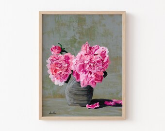 Flowers in Vase painting,Pink Peony flowers Print,Flowers Painting,Bedroom Decor,Bouquet,"She couldn't go unnoticed" by Sredna Kunowski,8x10