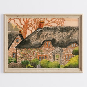 Cottage Art, Cottage Artwork,Brick House Art Decor,Cottage Art Print,Country Landscape, English Thatch Cottage,Farmhouse Decor,5x7 art print