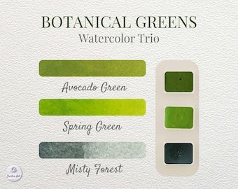 May include: A watercolor paint set titled BOTANICAL GREENS Watercolor Trio. It features three rectangular pans of green paint in avocado, spring, and misty forest shades, with corresponding color swatches and labels for each.