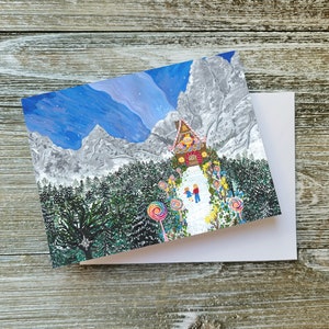Duitse sprookjeswenskaart, blanco kaart aan de binnenkant, kinderen en peperkoekhuiskunst, 'Hans en Grietje' van Sredna Kunowski
