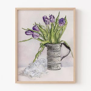 Flowers in Vase Painting,Purple Tulip Print,Flower Painting,Watercolor Art,Wall Decor,Floral Bouquet,&quot;Winter Tulips&quot; By Sredna Kunowski,8x10