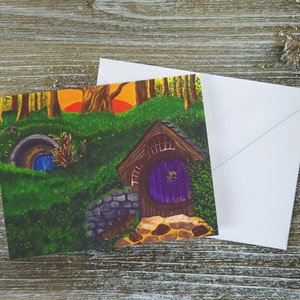 Carte de voeux aquarelle chalet, cartes de correspondance chalet, intérieur vierge format A2, carte paysage campagnard, maisons sous la colline, maisons dans la nature, forêt