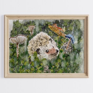 Hedgehog Art Prints,Woodland Animals,Fantasy Art Print,Whimsical Watercolor,Kids Nursery Decor,&quot;Little April Showers&quot; by Sredna Kunowski,5x7