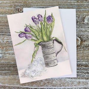 Paarse tulpen in vaas schilderij, tulpenkaart, bloemen schilderen, blanco kaart aan de binnenkant, bloemenboeket, bloemenkunst, bloemenschilderij, grillige kunst