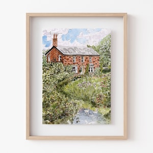 Cottage Art, Cottage Artwork,Brick House Art Decor,Cottage Art Print,Country Landscape,English Thatch Cottage, Farmhouse Decor,5x7 art print