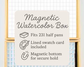Wooden Watercolor Storage Box with Handle | Holds 231 Magnetic Half Pans | Travel Art Supply Case with Swatch Card | Handmade Artist Gift